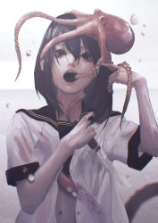 Rule 34 | 1girl, absurdres, black eyes, black hair, black sailor collar, breasts, commentary, hair between eyes, hand up, highres, holding, holding knife, knife, looking at viewer, medium hair, navel, neg (101neg), octopus, open clothes, open mouth, open shirt, original, sailor collar, school uniform, serafuku, shirt, short sleeves, small breasts, solo, teeth, upper body, upper teeth only, wet, white shirt