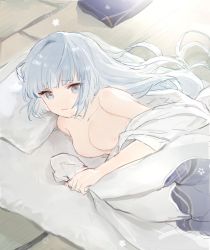 Rule 34 | 1girl, absurdres, afterglow, alternate hairstyle, ayaka (genshin impact), blue hair, blunt bangs, breasts, closed mouth, dal-gi, futon, genshin impact, grey eyes, hair down, highres, light blue hair, long hair, looking at viewer, lying, medium breasts, nipples, nude, on floor, on side, solo, upper body