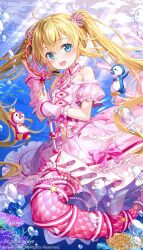Rule 34 | 1girl, air bubble, aqua eyes, bare shoulders, bird, blonde hair, blush, bow, brooch, bubble, bushiroad, cardfight!! vanguard, coral, dress, fujima takuya, hair ornament, heart, heart brooch, heart hair ornament, holding, holding staff, jewelry, looking at viewer, mermaid, monster girl, penguin, pink bow, pink dress, pink ribbon, ribbon, smile, staff, top idol pacifica, twintails, twitter username, underwater