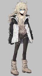 Rule 34 | 1girl, absurdres, asymmetrical clothes, asymmetrical pants, black pantyhose, blonde hair, blue eyes, boots, cutoffs, female focus, full body, grey background, highres, jacket, looking at viewer, messy hair, original, pantyhose, simple background, slouching, solo, standing, yodosumiori