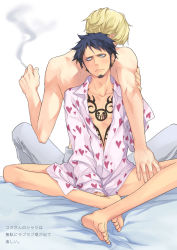 Rule 34 | 2boys, abs, barefoot, bed, bed sheet, black hair, blonde hair, blue hair, blush, bottomless, cigarette, donquixote rocinante, earrings, facial hair, feet, heart, heart print, jewelry, male focus, multiple boys, nagiayase, one piece, pajamas, piercing, size difference, smoke, tattoo, text focus, toes, topless male, trafalgar law, yaoi