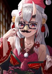 Rule 34 | bell, blurry, blurry background, collarbone, commentary request, double bun, fake facial hair, fake mustache, glasses, groucho glasses, hair bell, hair between eyes, hair bun, hair ornament, hat, highres, hololive, horns, japanese clothes, konkito, long hair, looking at viewer, nakiri ayame, nakiri ayame (1st costume), santa hat, silver hair, skin-covered horns, smile, solo, virtual youtuber