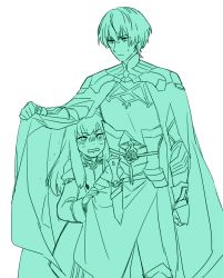 Rule 34 | 1boy, 1girl, armor, byleth (fire emblem), byleth (male) (fire emblem), cape, closed mouth, dagger, fire emblem, fire emblem: three houses, green theme, hiding, hiding behind another, knife, long hair, long sleeves, lysithea von ordelia, monochrome, nintendo, open mouth, saichi (meme+), sheath, sheathed, short hair, simple background, uniform, weapon, white background