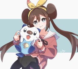 Rule 34 | 1girl, :t, absurdres, alternate costume, black pantyhose, black ribbon, bright pupils, brown hair, closed mouth, collarbone, commentary request, creatures (company), game freak, gen 5 pokemon, hairband, highres, holding, holding pokemon, jayj 824, long hair, long sleeves, neck ribbon, nintendo, oshawott, pantyhose, pleated skirt, pokemon, pokemon (creature), pokemon bw2, ribbon, rosa (pokemon), shirt, signature, skirt, white pupils, yellow hairband