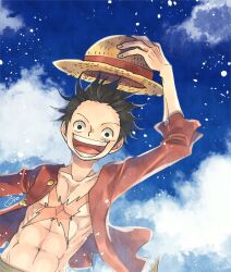 Rule 34 | 1boy, abs, aco peda, black hair, cloud, commentary request, floating hair, hat, holding, holding clothes, holding hat, looking at viewer, male focus, monkey d. luffy, one piece, open clothes, open mouth, open shirt, red shirt, sash, scar, scar on chest, scar on face, shirt, short hair, signature, sky, solo, straw hat, yellow sash