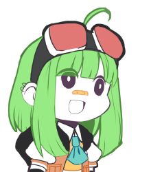 Rule 34 | 1girl, :d, ahoge, ascot, bandage on face, bandages, bandaid, bandaid on face, bandaid on nose, breast pocket, commentary, earrings, english commentary, goggles, goggles on head, green hair, gumi, gyari (imagesdawn) (style), jewelry, medium hair, nandemo iu koto wo kiite kureru akane-chan (voiceroid), open mouth, parody, pocket, puffy sleeves, red-tinted eyewear, sidelocks, smile, solo, starcircuits, style parody, tinted eyewear, transparent background, upper body, vocaloid