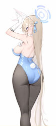 Rule 34 | 1girl, animal ears, arm up, arms up, ass, asuna (blue archive), asuna (bunny) (blue archive), asymmetrical bangs, back, backless leotard, bare shoulders, black pantyhose, blonde hair, blue archive, blue eyes, blue halo, blue leotard, blue ribbon, breasts, closed mouth, dongye1551, fake animal ears, fake tail, feet out of frame, from behind, gloves, hair behind ear, hair ribbon, hairband, halo, hand on own chest, hand up, highleg, highleg leotard, large breasts, leotard, long hair, nipple slip, nipples, pantyhose, playboy bunny, rabbit ears, rabbit pose, rabbit tail, ribbon, sidelocks, simple background, solo, standing, straight hair, strapless, strapless leotard, tail, very long hair, white background, white gloves, white hairband, wide hips