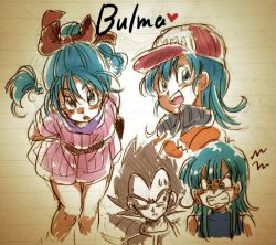 Rule 34 | 1boy, 1girl, :d, :o, annoyed, armor, arms behind back, baseball cap, belt, blue eyes, blue hair, blue shirt, braid, bulma, character name, dragon ball, dragonball z, dress, earrings, frown, greyscale, hair ribbon, happy, hat, heart, jacket, jewelry, looking at another, looking at viewer, looking away, monochrome, nervous, open mouth, pink dress, ribbon, shirt, short hair, simple background, smile, sweatdrop, tkgsize, vegeta