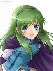 Rule 34 | 1girl, alternate hair length, alternate hairstyle, bad id, bad twitter id, blue eyes, cape, fire emblem, fire emblem: the blazing blade, green hair, hanasaki komugi, long hair, looking at viewer, nino (fire emblem), nintendo, open mouth, simple background, smile, solo, twitter username, white background