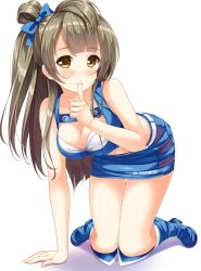 Rule 34 | 1girl, artist name, artist request, bare legs, bare shoulders, belt, belt buckle, bikini, blue bow, blue footwear, blue pants, blue shirt, blue shorts, blue tank top, blush, boots, bow, breasts, brown eyes, brown hair, buckle, cleavage, collarbone, female focus, finger to mouth, grey hair, hair bow, hair rings, high heel boots, high heels, highres, knee boots, light brown hair, long hair, looking at viewer, love live!, love live! school idol festival, love live! school idol project, medium breasts, minami kotori, pants, parted lips, ponytail, shirt, short shorts, shorts, side ponytail, smile, solo, swimsuit, tank top, white background, white belt, white bikini, yellow eyes