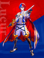 Rule 34 | 1boy, alear (fire emblem), alear (male) (fire emblem), armor, blue eyes, blue hair, boots, cape, crossed bangs, fire emblem, fire emblem engage, gloves, heterochromia, highres, holding, holding sword, holding weapon, multicolored hair, nintendo, official art, pointy footwear, red eyes, red hair, smile, sword, two-tone hair, weapon