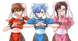 Rule 34 | :|, adapted costume, aqua eyes, arm behind back, asymmetrical bangs, ayanami rei, blue eyes, blue hair, blue ribbon, blue sash, bracelet, breasts, bright pupils, brown hair, brown pantyhose, bun cover, capcom, china dress, chinese clothes, chun-li, chun-li (cosplay), closed mouth, commentary, cosplay, double bun, dress, earrings, expressionless, fighting stance, frog button, glasses, grin, hair bun, hair ribbon, hair up, hand on own face, hands up, head tilt, highres, jewelry, light smile, makinami mari illustrious, mandarin collar, medium breasts, neon genesis evangelion, one eye closed, own hands together, pantyhose, parted lips, pelvic curtain, pink dress, pink ribbon, pink sash, puffy short sleeves, puffy sleeves, raised eyebrows, rectangular eyewear, red-framed eyewear, red dress, red eyes, ribbon, sash, sashimi (sasihmi), semi-rimless eyewear, short hair, short sleeves, side slit, sidelocks, simple background, smile, souryuu asuka langley, spiked bracelet, spikes, standing, straight-on, street fighter, toggles, under-rim eyewear, white background, white pupils
