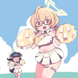 Rule 34 | 2girls, ?, ahoge, bare shoulders, blonde hair, blue archive, blue sky, blush, braid, breasts, brown eyes, brown hair, brown tail, cheerleader, cleavage, cloud, commentary request, cowboy shot, crop top, day, dog girl, glasses, hair between eyes, halo, highres, holding, holding pom poms, horoyuki (gumizoku), kotori (blue archive), kotori (cheer squad) (blue archive), large breasts, long hair, looking at viewer, midriff, millennium cheerleader outfit (blue archive), miniskirt, muffin top, multiple girls, navel, no nose, open mouth, outdoors, pleated skirt, pom pom (cheerleading), pom poms, semi-rimless eyewear, short twintails, skirt, sky, sweat, tareme, thighlet, twintails, under-rim eyewear, white skirt, wing collar, yellow halo