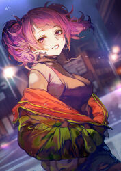 Rule 34 | 1girl, asymmetrical bangs, blush, breasts, camouflage, camouflage jacket, dutch angle, hands in pockets, highres, idolmaster, idolmaster shiny colors, jacket, jacket partially removed, looking at viewer, medium breasts, otsudou, outdoors, purple eyes, purple hair, smile, solo, tanaka mamimi, twintails