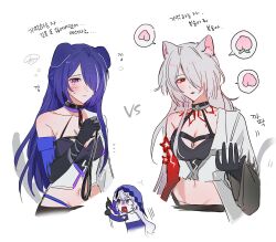 Rule 34 | 2girls, 9 (hcl9fg), acheron (honkai: star rail), animal ears, bare shoulders, bell, black collar, black gloves, black shorts, black swan (honkai: star rail), body markings, breasts, bright pupils, chibi, cleavage, coat, collar, colored extremities, commentary, criss-cross halter, detached sleeves, dog ears, droopy ears, dual persona, food, fruit, gloves, hair over one eye, halterneck, heart, heart in mouth, highres, holding own leash, honkai: star rail, honkai (series), large breasts, long hair, looking at viewer, midriff, motion lines, multicolored hair, multiple girls, navel, neck bell, open mouth, peach, pointing, pointing at another, purple eyes, purple hair, purple sleeves, purple veil, red eyes, shorts, simple background, single wide sleeve, spoken food, streaked hair, tears, translation request, white background, white coat, white hair, white pupils