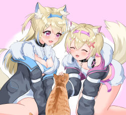 Rule 34 | 2girls, animal ear fluff, animal ears, belt, belt collar, black collar, black jacket, blonde hair, blue hair, blush, breasts, cat, cleavage, cleavage cutout, closed eyes, clothing cutout, collar, cropped jacket, cropped shirt, dog ears, dog girl, dog tail, dress, fangs, frilled shorts, frills, fur-trimmed jacket, fur trim, fuwawa abyssgard, fuwawa abyssgard (1st costume), hair ornament, hairpin, headphones, headphones around neck, highres, hololive, hololive english, isazawa, jacket, large breasts, long hair, looking down, medium hair, mococo abyssgard, mococo abyssgard (1st costume), multicolored hair, multiple girls, open mouth, pink belt, pink eyes, pink hair, shirt, short dress, shorts, siblings, sisters, smile, streaked hair, tail, twins, two side up, virtual youtuber, white dress, white shirt, white shorts, x hair ornament