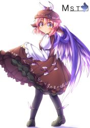 Rule 34 | 1girl, animal ears, black pantyhose, blush, clothes lift, dress, dress lift, earrings, female focus, fun bo, hat, jewelry, looking at viewer, musical note, mystia lorelei, pantyhose, pink hair, simple background, single earring, skirt hold, solo, symbol-shaped pupils, touhou, white background, wings, yellow eyes