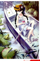 Rule 34 | 1girl, 9room, absurdres, ball, bare shoulders, black hair, boat, bracelet, braid, can, dress, flower, frog, from above, hair over shoulder, hat, highres, jewelry, lee song yee, legs, long hair, mouth hold, original, red eyes, scan, sitting, skirt, solo, spoon, twin braids, water, watercraft, white dress, white skirt