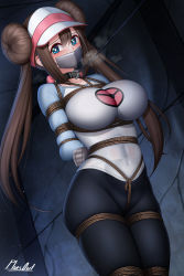 Rule 34 | 1girl, arms behind back, bdsm, blue eyes, bondage, bound, breasts, brown hair, collar, creatures (company), crotch rope, double bun, gag, gagged, game freak, hair bun, highres, impossible clothes, impossible shirt, improvised gag, large breasts, leash, leash pull, nintendo, pantyhose, plusout, pokemon, pokemon bw2, rope, rosa (pokemon), shibari, shibari over clothes, shirt, signature, solo, tape, tape gag, taped fingers, taped hands, twintails, visor cap