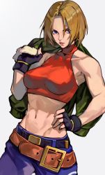 Rule 34 | 1girl, belt, blonde hair, blue eyes, blue mary, breasts, crop top, fatal fury, fingerless gloves, gloves, hand on own hip, highres, jacket, jacket on shoulders, midriff, navel, short hair, snk, solo, the king of fighters, uncle rabbit ii