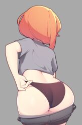 Rule 34 | 1girl, adjusting clothes, adjusting panties, arm behind back, ass, ass focus, black panties, clothes pull, commentary, crop top, denim, denim shorts, english commentary, facing away, fizintine, from behind, grey background, grey shorts, highres, leaning forward, luna (fizintine), orange hair, original, panties, short hair, short sleeves, shorts, shorts pull, simple background, solo, underwear, wedgie