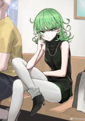 Rule 34 | 1boy, 1girl, absurdres, alternate costume, bag, black footwear, black shirt, breasts, casual, closed mouth, commentary, crossed legs, curly hair, earrings, expressionless, foot out of frame, green eyes, green hair, green shorts, grey pantyhose, hand on own face, high heels, highres, indoors, jewelry, jun (navigavi), looking at viewer, necklace, one-punch man, pantyhose, pantyhose under shorts, picture frame, saitama (one-punch man), shirt, shopping bag, short hair, short shorts, shorts, sitting, sleeveless, sleeveless shirt, small breasts, solo focus, tatsumaki, turtleneck, weibo logo, weibo watermark