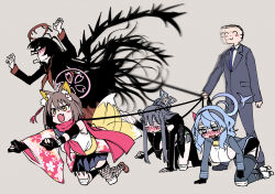 Rule 34 | 1boy, 4girls, ako (blue archive), all fours, anger vein, animal ear fluff, animal ears, doodle sensei (blue archive), bell, black dress, black hair, black hairband, black shirt, blue archive, blue eyes, blue necktie, blue skirt, blush, blush stickers, breasts, brown hair, closed eyes, closed mouth, dress, drooling, fishnet thighhighs, fishnets, formal, fox tail, grey background, hair ornament, hairband, halo, highres, hitotose rin, holding, holding leash, izuna (blue archive), large breasts, leash, long hair, long sleeves, multiple girls, neck bell, necktie, open mouth, red scarf, scarf, sensei (blue archive), shirt, shun (blue archive), sidelocks, simple background, skirt, smile, tail, thighhighs, tsurugi (blue archive), walking