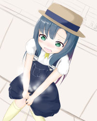 Rule 34 | 1girl, artist request, blue hair, blue overalls, blush, green eyes, hair between eyes, hat, kantai collection, long hair, looking down, matsuwa (kancolle), multicolored hair, open mouth, overall skirt, overalls, pee, peeing, shirt, t-shirt, white background