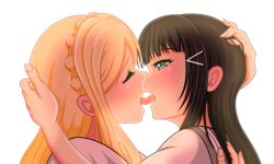 Rule 34 | 10s, 2girls, black hair, blonde hair, blunt bangs, blush, closed eyes, couple, d (pixiv36381635), female focus, french kiss, from side, green eyes, hand on another&#039;s head, hug, kiss, kurosawa dia, long hair, looking at another, love live!, love live! sunshine!!, multiple girls, ohara mari, open mouth, profile, saliva, school uniform, serafuku, simple background, tagme, tongue, white background, yuri