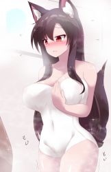 Rule 34 | 1girl, animal ear fluff, animal ears, bare shoulders, blush, breasts, brown hair, cleavage, collarbone, covered erect nipples, highres, imaizumi kagerou, large breasts, long hair, looking at viewer, naked towel, navel, nipples, red eyes, shaking, shiny skin, sidelocks, sivamaron, swept bangs, tail, thick thighs, thighs, touhou, towel, very long hair, wolf ears