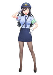 Rule 34 | 1girl, black footwear, black hair, blouse, blue hat, blue shirt, breasts, brown pantyhose, collared shirt, commentary request, deadnooodles, full body, gloves, grey eyes, hand on own hip, hat, highres, long hair, looking at viewer, love live!, love live! nijigasaki high school idol club, miniskirt, necktie, one eye closed, open mouth, pantyhose, pencil skirt, police, police uniform, policewoman, shirt, shirt tucked in, simple background, skirt, smile, solo, uniform, white background, white gloves, yuki setsuna (love live!)