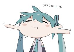 Rule 34 | 1girl, ahoge, aqua hair, blush stickers, cheek bulge, chibi, commentary, detached sleeves, eating, english text, closed eyes, hatsune miku, highres, icon 315, long hair, necktie, sleeveless, solo, spring onion, twintails, vocaloid, white background