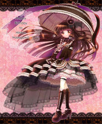Rule 34 | 1girl, ahoge, bad id, bad pixiv id, black dress, black footwear, blunt bangs, blush, boots, border, bridal gauntlets, brown eyes, character name, commentary request, cross-laced footwear, doily, dress, english text, flower, frilled dress, frilled umbrella, frills, full body, gothic lolita, hair flower, hair ornament, hairband, happy birthday, hasegawa hirano, high heel boots, high heels, holding, holding umbrella, knee boots, lace, lace-trimmed dress, lace-up boots, lace border, lace trim, lolita fashion, lolita hairband, long hair, long sleeves, looking at viewer, minami (apricot tea), ornate border, parasol, petticoat, pink background, platform boots, platform footwear, purple ribbon, ribbon, ribbon-trimmed legwear, ribbon trim, smile, solo, standing, tantei opera milky holmes, thighhighs, umbrella, very long hair, white thighhighs