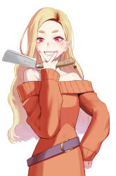 1girl bare_shoulders belt cowboy_shot earrings fingernails hand_on_own_hip highres hinomoto_madoka holding holding_knife hoop_earrings jewelry knife long_fingernails long_hair looking_at_viewer off-shoulder_sweater off_shoulder orange_sweater original pink_nails simple_background solo sweater thick_eyebrows v_over_mouth white_background