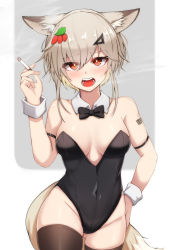 Rule 34 | 1girl, 5danny1206, absurdres, animal ear fluff, animal ears, barcode, barcode tattoo, bare shoulders, bow, bowtie, breasts, cigarette, cleavage cutout, clothing cutout, copyright request, detached collar, hair between eyes, hair ornament, hand on own hip, hand up, highres, holding, holding cigarette, leotard, looking at viewer, medium breasts, open mouth, playboy bunny, red eyes, solo, standing, tail, tattoo, teeth, thighhighs, thighs, tongue, two-tone background, wrist cuffs