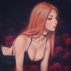 Rule 34 | 1girl, all fours, backless dress, backless outfit, black dress, black sclera, blonde hair, breasts, choker, cleavage, closed mouth, colored sclera, downblouse, dress, floral background, glowing, highres, itori (tokyo ghoul), lips, long hair, medium breasts, miura-n315, mole, mole on breast, realistic, red eyes, solo, spaghetti strap, tokyo ghoul