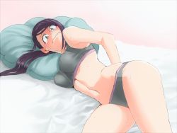 Rule 34 | 1girl, bare arms, bare shoulders, black hair, blush, bra, breasts, commentary request, ear blush, frown, green eyes, grey bra, grey panties, haioku colonel, highres, idolmaster, idolmaster cinderella girls, looking down, lying, medium breasts, navel, nose blush, on bed, on side, panties, pillow, ponytail, solo, sports bra, stomach, sweat, tears, underwear, wavy mouth, yamato aki