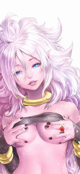Rule 34 | 1girl, absurdres, android 21, bandeau, bandeau lift, black sleeves, blue eyes, breasts, cleavage, collarbone, colored skin, covering nipples, covering privates, detached sleeves, dragon ball, dragon ball fighterz, earrings, gradient hair, hair between eyes, highres, jewelry, kanchiyo, long hair, long sleeves, looking at viewer, majin android 21, medium breasts, multicolored hair, parted lips, pink hair, pink skin, pointy ears, ring, solo, upper body, very long hair, white background
