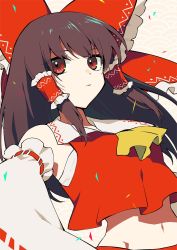 Rule 34 | 1girl, ascot, bare shoulders, bow, brown hair, closed mouth, detached sleeves, frilled bow, frills, futoumeido, hair bow, hair tubes, hakurei reimu, highres, japanese clothes, medium hair, miko, navel, nontraditional miko, red bow, red eyes, red shirt, shirt, solo, touhou, yellow ascot