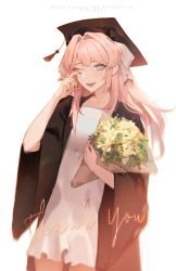 Rule 34 | 1girl, ariachenlu, atelier live, blue eyes, breasts, character name, collarbone, commentary, crying, dated, dress, english commentary, graduation, hair behind ear, hair intakes, hat, highres, kuzuryu io, long hair, looking at viewer, medium breasts, mortarboard, pink hair, solo, thank you, virtual youtuber, white background, white dress