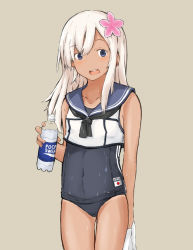 Rule 34 | 1girl, absurdres, black neckerchief, blonde hair, blue eyes, bottle, chagamaka, cowboy shot, crop top, flower, grey background, hair flower, hair ornament, highres, kantai collection, long hair, neckerchief, one-piece tan, open mouth, pocari sweat, ro-500 (kancolle), round teeth, school swimsuit, simple background, sleeveless, solo, standing, sweat, swimsuit, swimsuit under clothes, tan, tanline, teeth, upper teeth only