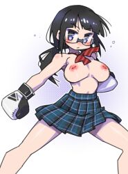 Rule 34 | 1girl, black hair, blue eyes, boxing gloves, breasts, cannsk, commentary request, glasses, high-waist skirt, inverted nipples, large breasts, low twintails, miniskirt, motion lines, original, plaid, plaid skirt, pleated skirt, semi-rimless eyewear, skirt, solo, topless, twintails, under-rim eyewear