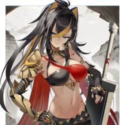 Rule 34 | 1girl, armor, bad id, bad twitter id, black gloves, black hair, black pants, blonde hair, blood, blood on face, blue eyes, border, breasts, cleavage, closed mouth, commentary request, crossed bangs, dehya (genshin impact), earrings, fingerless gloves, gauntlets, genshin impact, gloves, hair between eyes, hand on own hip, highres, holding, holding sword, holding weapon, jewelry, large breasts, linea alba, long hair, multicolored hair, navel, pants, planted, planted sword, planted weapon, scottie (phantom2), single earring, single fingerless glove, smile, solo, standing, stomach, sword, two-tone hair, weapon, white border