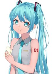 Rule 34 | 1girl, aqua eyes, aqua hair, aqua nails, aqua necktie, bare arms, bare shoulders, breasts, closed mouth, collared shirt, commentary request, dahadekan, dress shirt, eating, food, grey shirt, hair between eyes, hair ornament, hatsune miku, highres, long hair, looking at viewer, nail polish, necktie, ponytail, sandwich, shirt, simple background, sleeveless, sleeveless shirt, small breasts, solo, twintails, upper body, very long hair, vocaloid, white background, wide-eyed