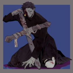 Rule 34 | 1boy, absurdres, arm up, bandages, black eyes, black hair, black robe, blood, blood on clothes, blood on face, blood on leg, bloody bandages, blue background, character request, chinese commentary, closed mouth, commentary request, cross, earrings, full body, grey nails, highres, jewelry, kneeling, latin cross, long sleeves, looking at viewer, male focus, muted color, robe, saibou shinkyoku, short hair, simple background, single earring, solo, torn clothes, very short hair, yulei yuuuuu