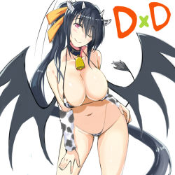 Rule 34 | 10s, 1girl, animal ears, animal print, bell, bikini, black hair, blush, breasts, cleavage, collar, cow ears, cow horns, cow print, cow tail, cowbell, demon wings, hair ribbon, high school dxd, himejima akeno, horns, large breasts, long hair, neck bell, one eye closed, ponytail, purple eyes, q (a72pgc), ribbon, simple background, smile, solo, swimsuit, tail, white background, wings