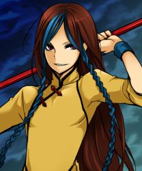 Rule 34 | 1boy, blue hair, braid, brown eyes, brown hair, chinese clothes, dyed bangs, long hair, male focus, multicolored hair, puchi-pochi, shion (kof), solo, staff, the king of fighters, twin braids, two-tone hair, very long hair, wristband
