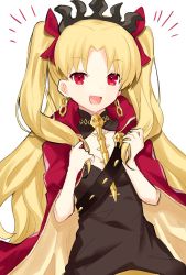 Rule 34 | 1girl, :d, blonde hair, breasts, cape, cleavage, earrings, ereshkigal (fate), fate/grand order, fate (series), hair ribbon, hands up, highres, holding, holding hair, infinity symbol, jewelry, long hair, looking at viewer, open mouth, red cape, red eyes, red ribbon, ribbon, shichi (ponpeex), simple background, skull, small breasts, smile, solo, spine, tiara, two side up, upper body, white background