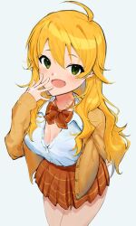 Rule 34 | 1girl, ahoge, arm behind back, blonde hair, blush, bow, bowtie, breasts, brown bow, brown bowtie, brown cardigan, cardigan, cleavage, collared shirt, commentary request, cowboy shot, eyelashes, green eyes, hair between eyes, hand up, highres, hoshii miki, idolmaster, idolmaster (classic), large breasts, long hair, looking at viewer, miniskirt, open cardigan, open clothes, open mouth, orange skirt, partially unbuttoned, pleated skirt, shirt, sidelocks, simple background, skirt, sleeves past wrists, smile, solo, standing, very long hair, wavy hair, white background, white shirt, zenoo