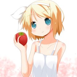 Rule 34 | 1girl, apple, bare shoulders, body blush, camisole, collarbone, flat chest, food, fruit, holding, holding food, holding fruit, kagamine rin, minami (colorful palette), ribbon, simple background, solo, vocaloid
